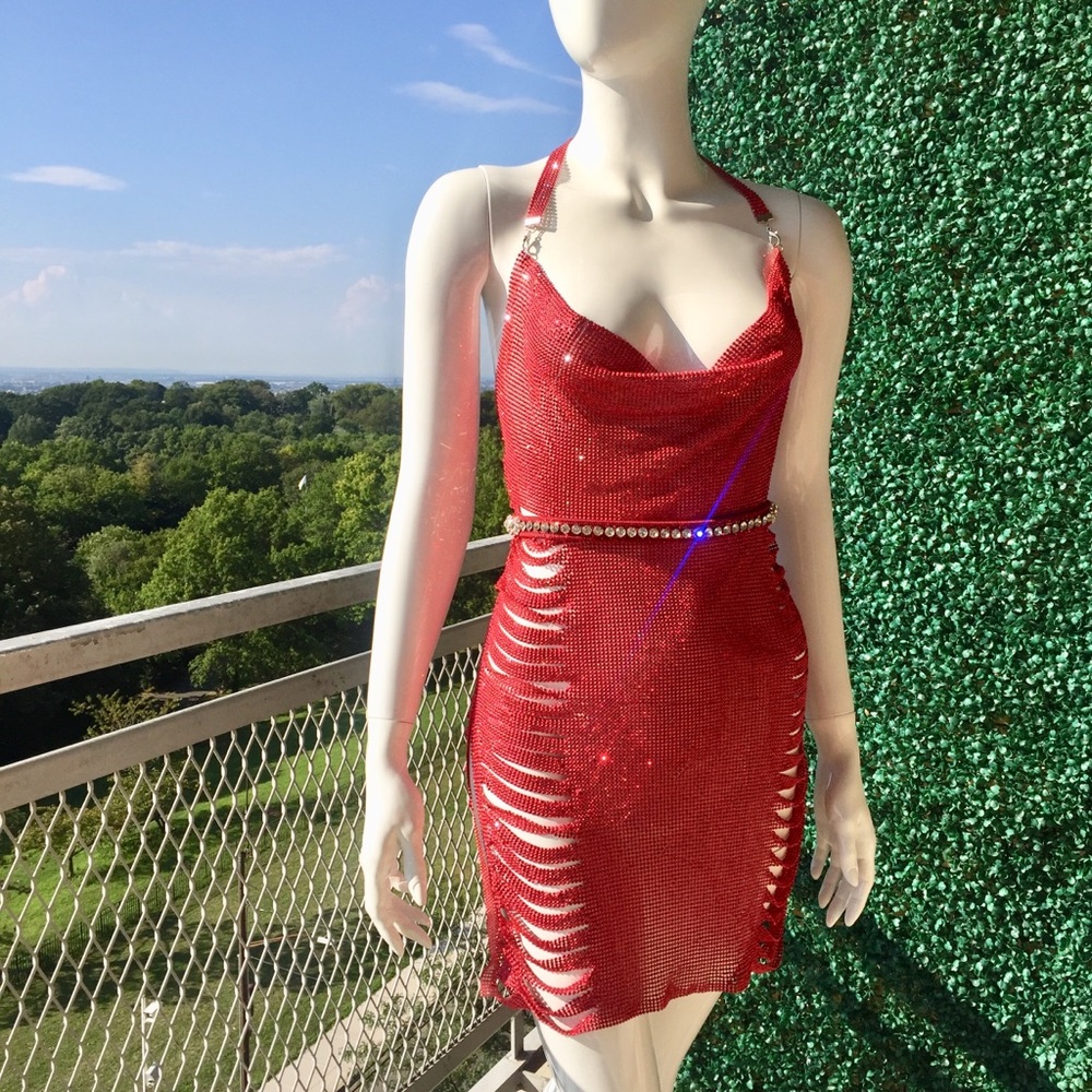 Plunge Crystal Chain Dress - Red